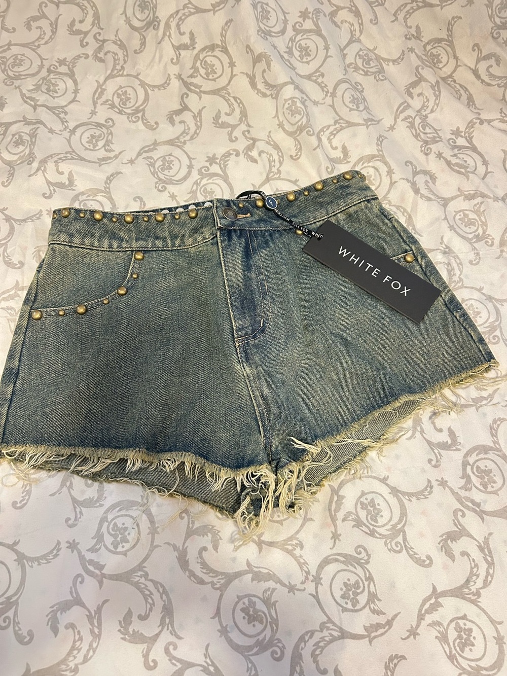 White Fox Boutique Distressed Blue Denim Studded Shorts